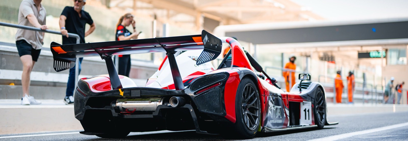 The team’s Radical SR3, number 11, in the Yas Marina pit lane before the session.